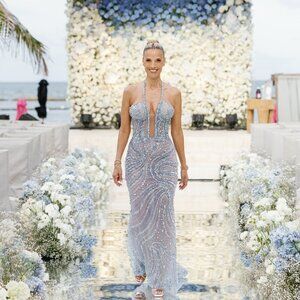 Blue Beaded Mesh Halter Gown